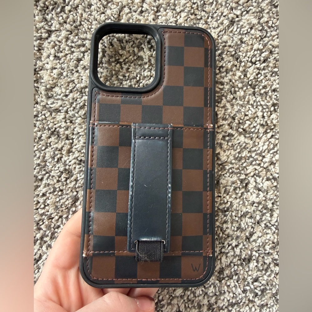 iphone 13 pro max Brown Checkered Wallet Phone Case with Kickstrap